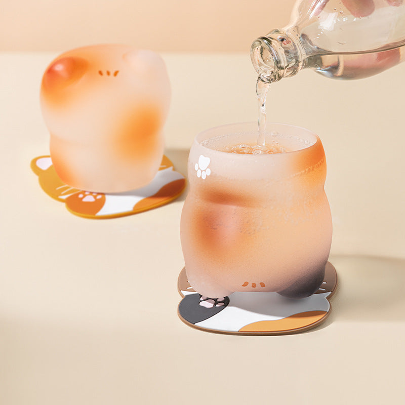Trelvani Frosted Cat-Design Glass Drinking Cup - Patterned