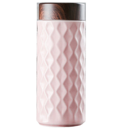 Trelvani Double-Wall Ceramic Travel Mug with Wood-Grain Lid - Pink