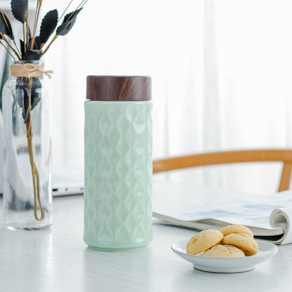 Trelvani Double-Wall Ceramic Travel Mug with Wood-Grain Lid - Black