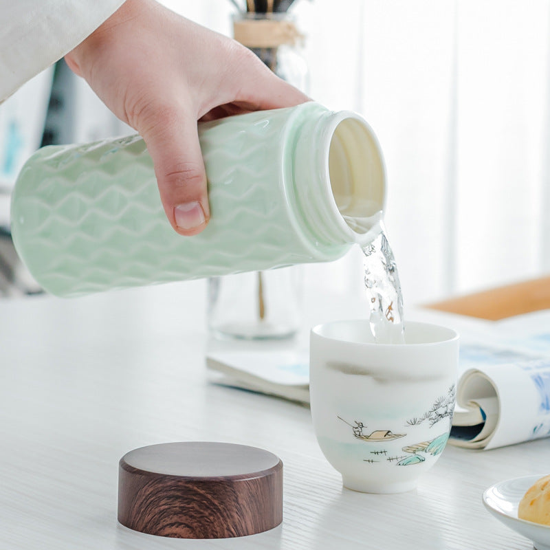 Trelvani Double-Wall Ceramic Travel Mug with Wood-Grain Lid - Yellow